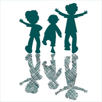 kids blue silhouettes with striped shadows, abstract art illustration; stripes texture behind