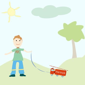 little boy playing with his toy, vector art illustration