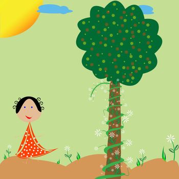 little girl, flowers and tree, vector art illustration