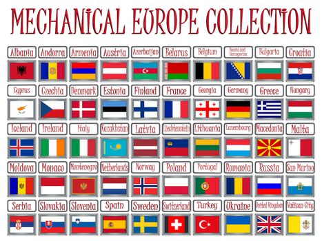 mechanical europe flags collection against white background, abstract vector art illustration