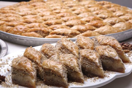 Close up of dish of  Baklava on a table