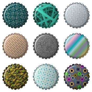 nine textured bottle caps, abstract vector art illustration