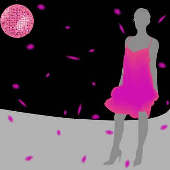 girl silhouette wearing pink dress over disco background; abstract composition; art illustration