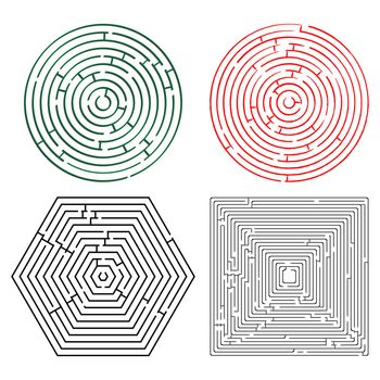 printable mazes collection against white background, abstract vector art illustration