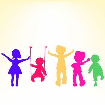 retro little kids silhouettes over shiny background, abstract art illustration