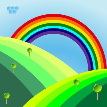 retro landscape with trees and rainbow, abstract vector art illustration