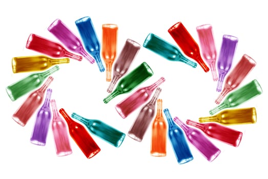 Circle, two circles of colorful bottles.