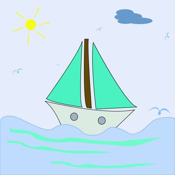 ship sailing cartoon, abstract vector art illustration