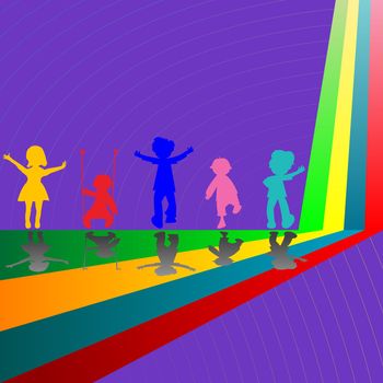 silhouettes of children playing on purple background, abstract art illustration