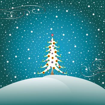 stars, snow and christmas tree, vector art illustration