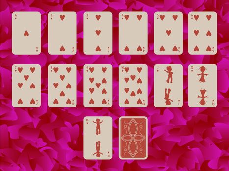 suit of hearts playing cards on purple background, abstract art illustration