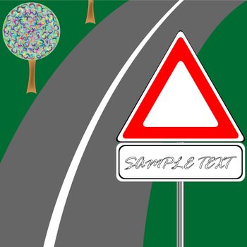 traffic sign, trees and road; abstract vector art illustration