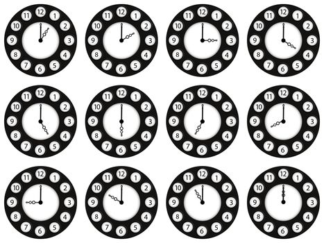 twelve clocks showing different ours against white background, abstract vector art illustration