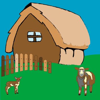 village house and farm animals, vector art illustration; more drawings in my gallery