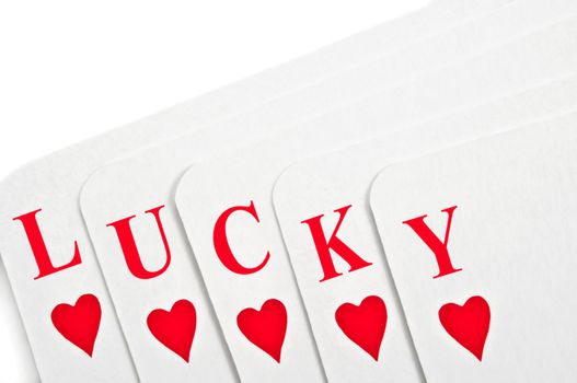 Five red playing cards displaying the word 'LUCKY' with white background.