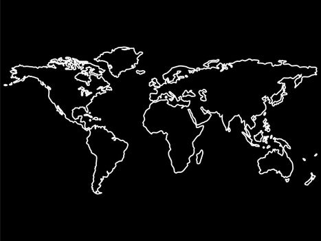 white world map outlines isolated on black background, abstract art illustration
