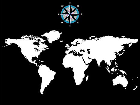 white world map with wind rose isolated on black background, abstract art illustration