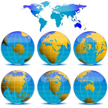 world globes collection against white background, abstract vector art illustration