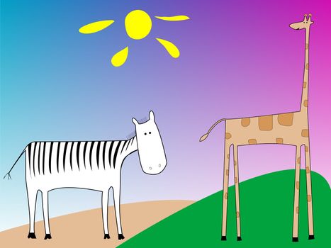 drawing of a zebra and giraffe, vector art illustration, more drawings in my gallery