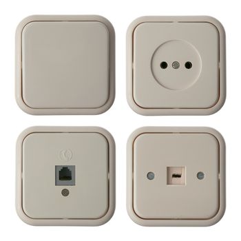 Four wall mounted electrical plates isolated on white background. Plug, switch, TV and phone.