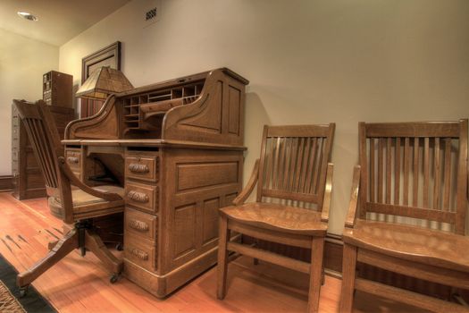 Antique Oak Roll Top Desk with Chairs and Office Cabinets