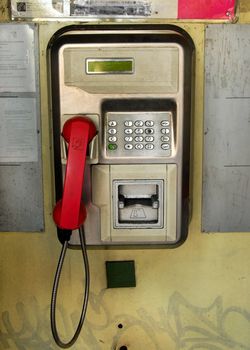 closeup of old public telephone in Budapest