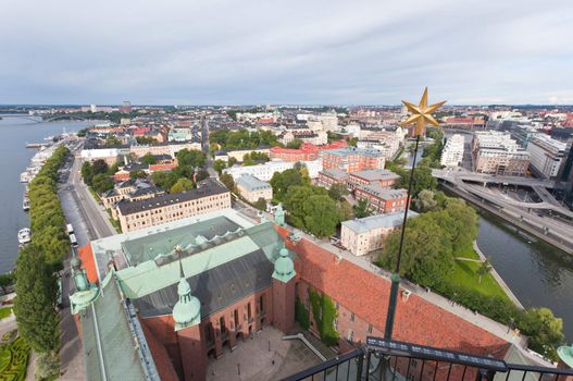 The aerial view of the Stockholm Sweden form city hall tower