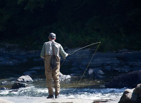 Fishing in Swallow Falls State Park in Maryland in rapid river