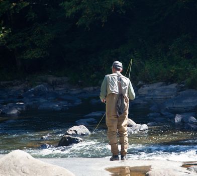 Fishing in Swallow Falls State Park in Maryland in rapid river