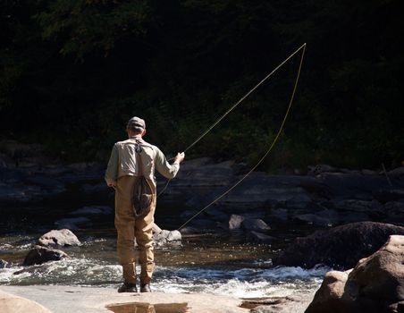 Fishing in Swallow Falls State Park in Maryland in rapid river