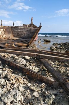 Shipwreck detail during a low tide time in shoreline