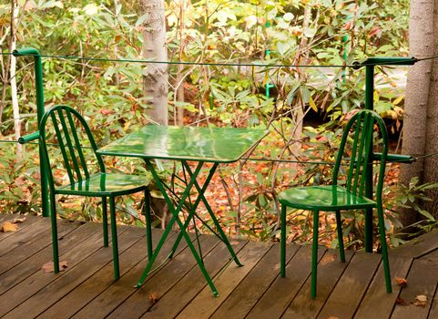 Modern steel table and chair in woodland setting