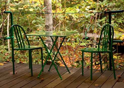 Modern steel table and chair in woodland setting