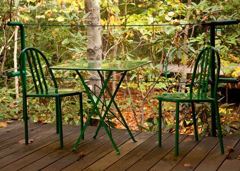 Modern steel table and chair in woodland setting