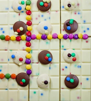 still life of white chocolate with smarties