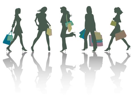 shopping girls silhouettes against white background, abstract vector art illustration
