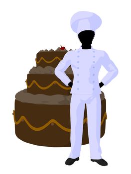 African american chef with a large cake silhouette on a white background