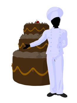 African american chef with a large cake silhouette on a white background