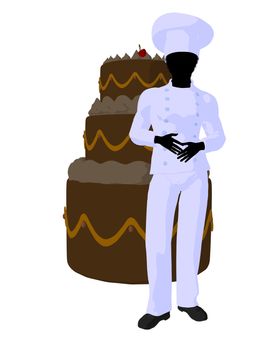 African american chef with a large cake silhouette on a white background
