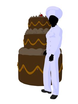 African american chef with a large cake silhouette on a white background