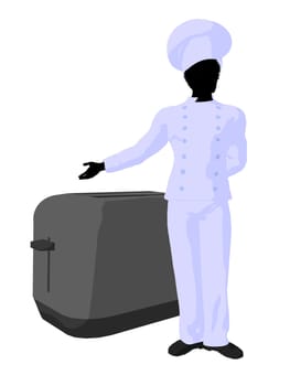 African american chef standing next to a toaster silhouette on a white background
