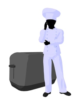 African american chef standing next to a toaster silhouette on a white background