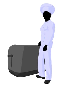 African american chef standing next to a toaster silhouette on a white background