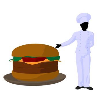 African american chef and a hamburger silhouette on a white background