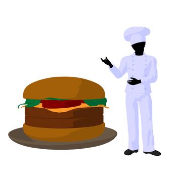African american chef and a hamburger silhouette on a white background