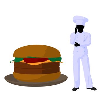 African american chef and a hamburger silhouette on a white background