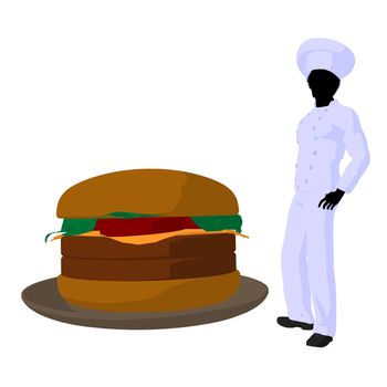 African american chef and a hamburger silhouette on a white background