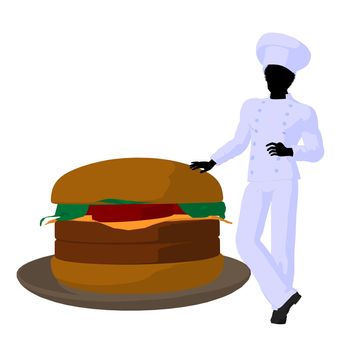 African american chef and a hamburger silhouette on a white background