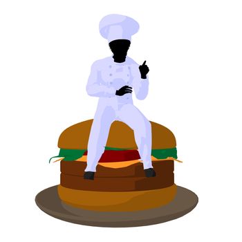 African american chef and a hamburger silhouette on a white background