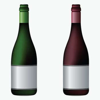wine bottles with empty labels against white background, abstract vector art illustration